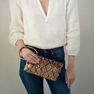 Hobo Sable Metallic Python Snake Print Leather Wristlet Clutch Bag NEW